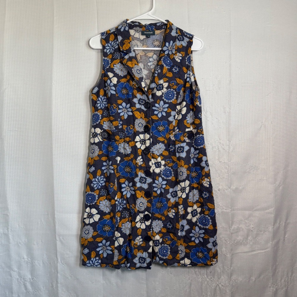ModCloth Mini Dress Linen Blend Floral Button Front Sleeveless Retro 70s Shift